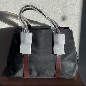 Lancôme Black Tote Bag – Brown Leather Handles – NWT